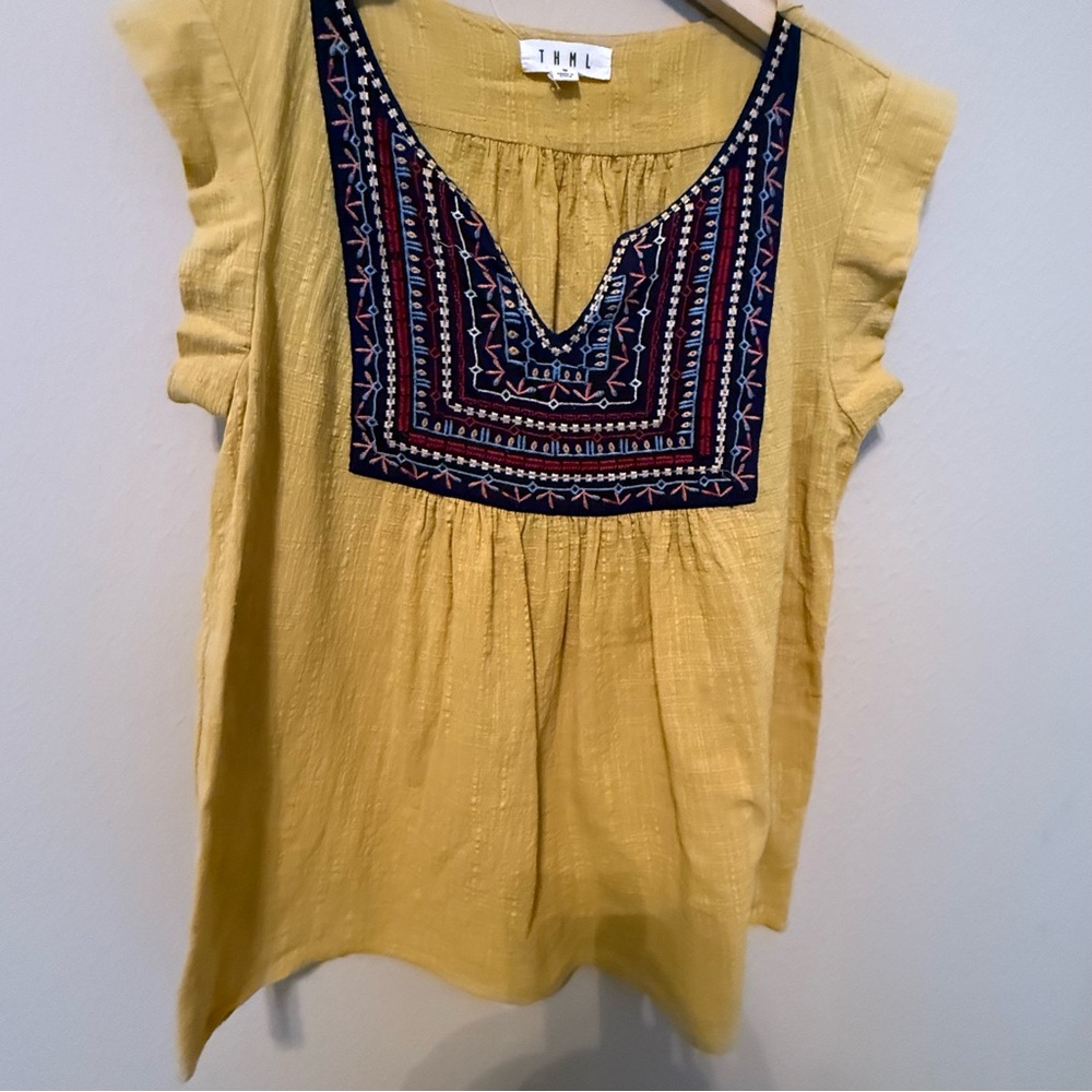 THML Embroidered Sleeveless Swing top Yellow, Blue, Women’s  M Cotton Bohemian